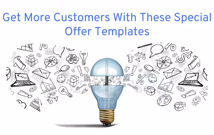 A light bulb surrounded by floating sketches of technology, and design concepts under the special offer templates title.