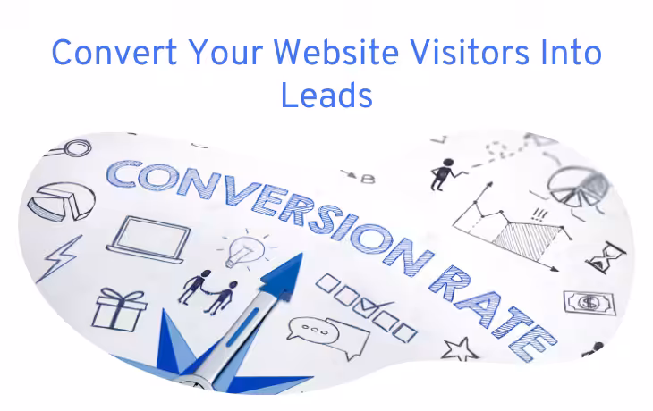 Paper with 'Conversion Rate' and business icons of graphs and laptops, under a title about website visitor conversion.