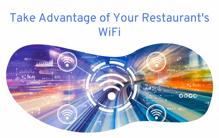Wi-Fi symbols displayed in a vibrant, fast-paced design, under the title about restaurant WiFi marketing.