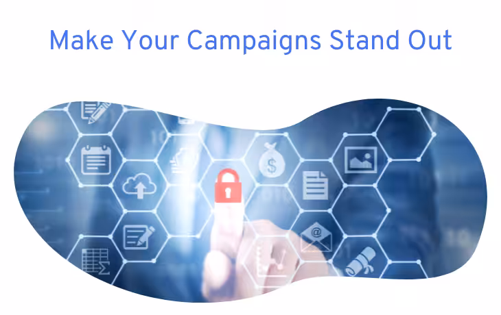 Digital interface with hexagonal icons and a red lock symbol, that a hand presses, under a title about campaign effectiveness.