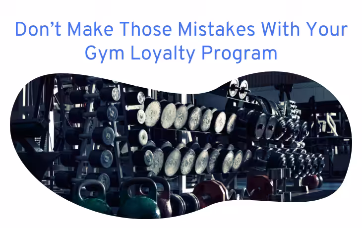 Weights and dumbbells stacked in a gym, below a title about gym loyalty program with potential mistakes.
