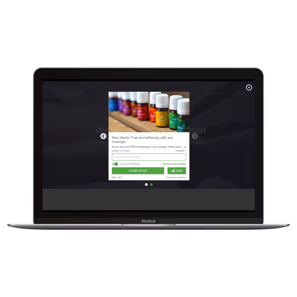 New clients offer featuring essential oil bottles, a phone number input field, a "Claim Offer" button, and a checkbox.
