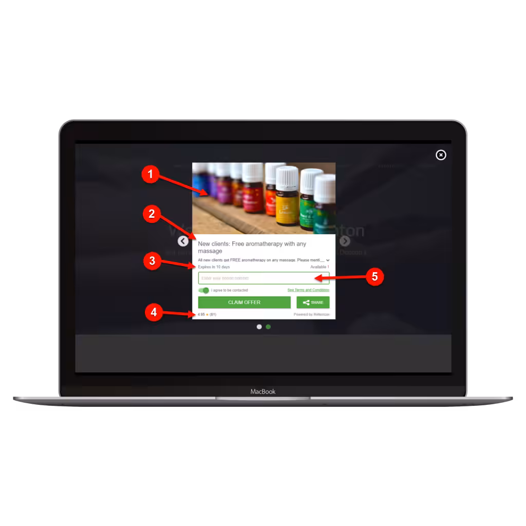 Offer for new clients featuring essential oil bottles, a phone number input field, a "Claim Offer" button, and a checkbox.