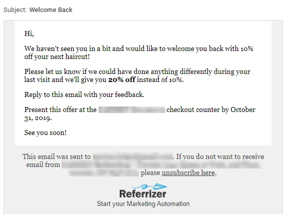 Email offering 10% off a haircut with a chance for 20% off if feedback is provided, with a deadline of October 31, 2019.