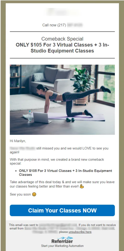 Person performing an exercise on a mat with a laptop nearby, promoting a special offer for virtual and in-studio classes.