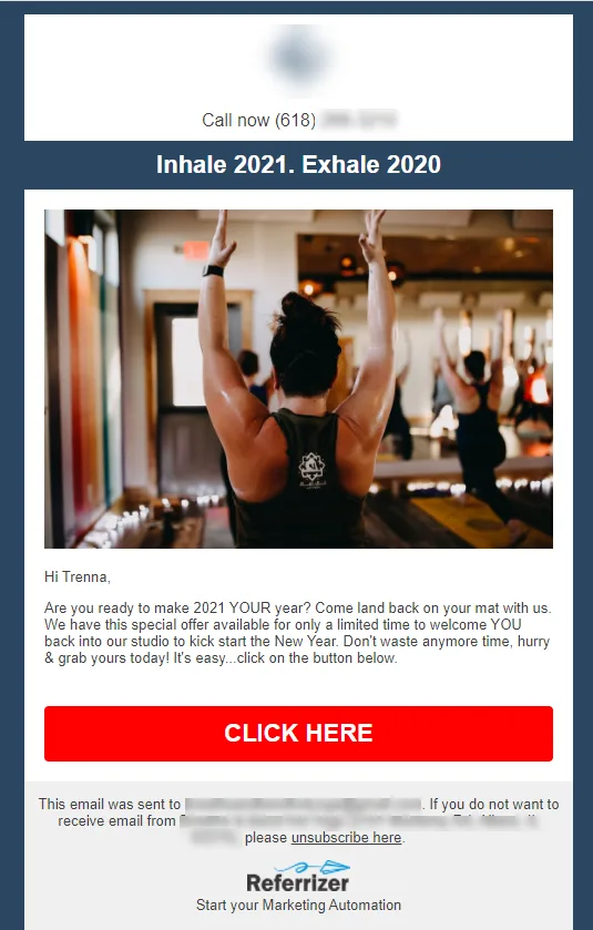Yoga class with people in the background practicing. Focus on a person in the front with arms raised, under a promotional offer.