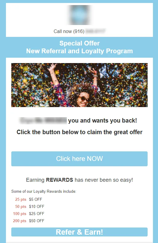 Loyalty and referral program offer with reward details for 25, 50, 100, and 200 points, with a happy person in the background.