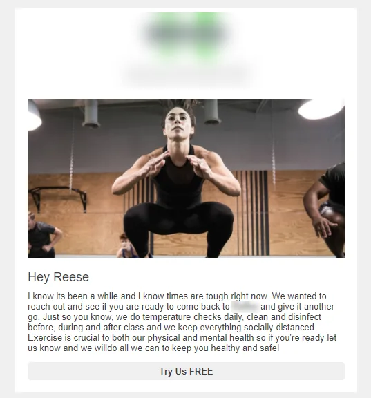 A person doing squats in a gym with a promotional message offering a free trial for fitness services and emphasizing safety.