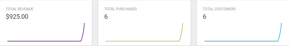 Revenue, purchases, and customers statistics: $925 revenue, 6 purchases, and 6 customers displayed in graphs.