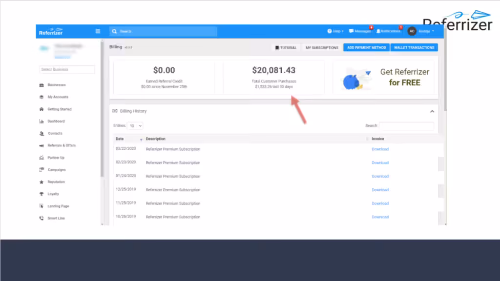 Billing dashboard showing earned referral credit, total purchases, and the latest billing history and invoices for download.