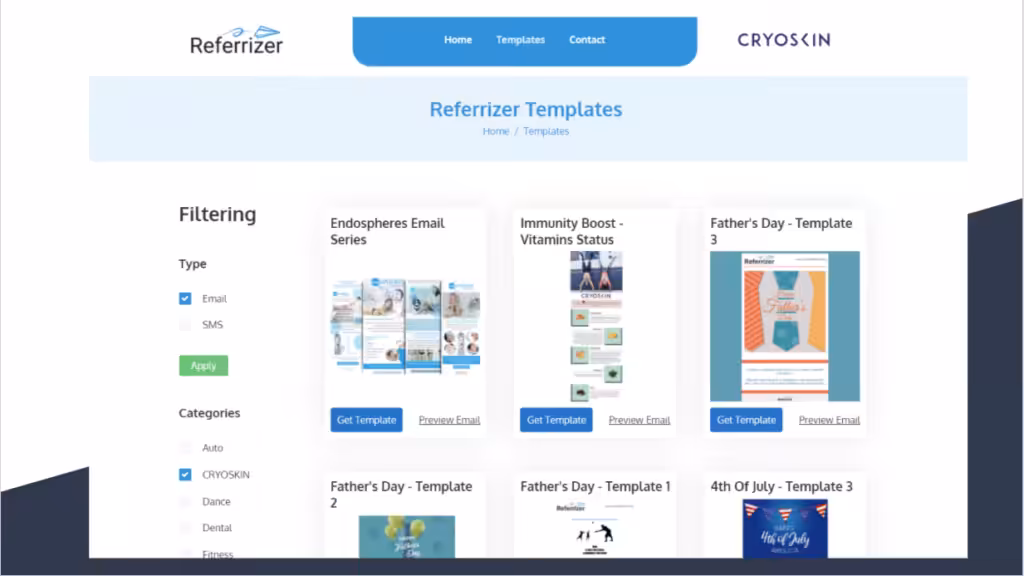 Referrizer templates page showing various email templates like Endospheres, Immunity Boost, Father's Day, and 4th of July.