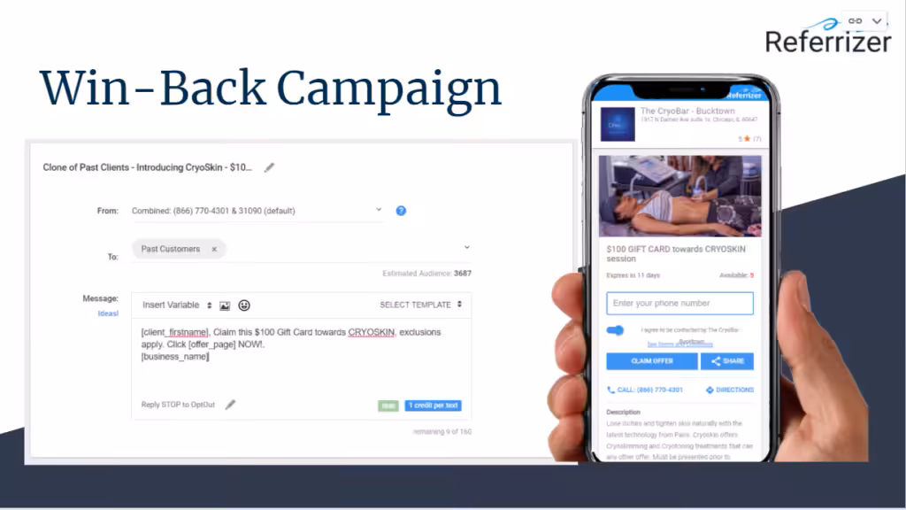 Mobile screen displays CryoBar's $100 gift card offer with details, and a marketing campaign interface on the left.
