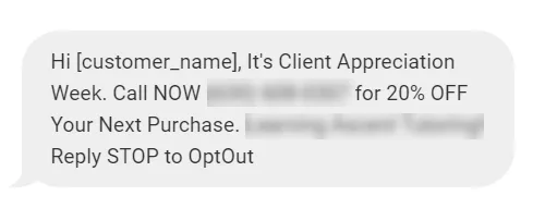 Text message offering 20% off a next purchase during Client Appreciation Week, with an opt-out option at the end.