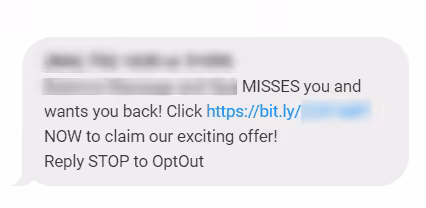 Text message with a claim an offer link, encouraging the recipient to claim it, with the option to reply STOP to opt-out.