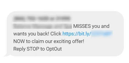 Text message with a claim an offer link, encouraging the recipient to claim it, with the option to reply STOP to opt-out.