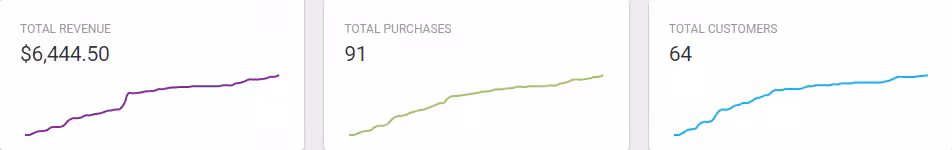 Total revenue of $6,444.50, 91 purchases, and 64 customers, with corresponding line graphs showing progress.
