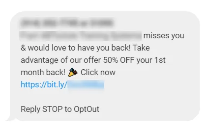Text message offering a 50% discount on the first month back, with a link to redeem the offer and an option to opt-out.