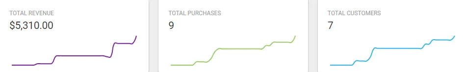 Metrics showing total revenue of $5,310, 9 purchases, and 7 customers, with corresponding graphs for each.