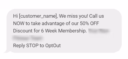SMS message offering a 50% discount on a 6-week membership, with a prompt to reply STOP to opt-out.