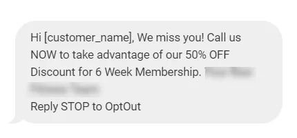 SMS message offering a 50% discount on a 6-week membership, with a prompt to reply STOP to opt-out.