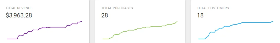 Graph displaying total revenue of $3,963.28, 28 purchases, and 18 customers, with colored lines representing each data category.