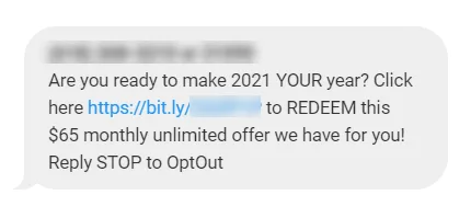 Text message offering a $65 monthly unlimited deal with a link to redeem the offer and an option to opt-out by replying STOP.