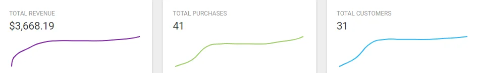 Revenue, purchases, and customer count statistics displayed with graphs showing trends for each metric.