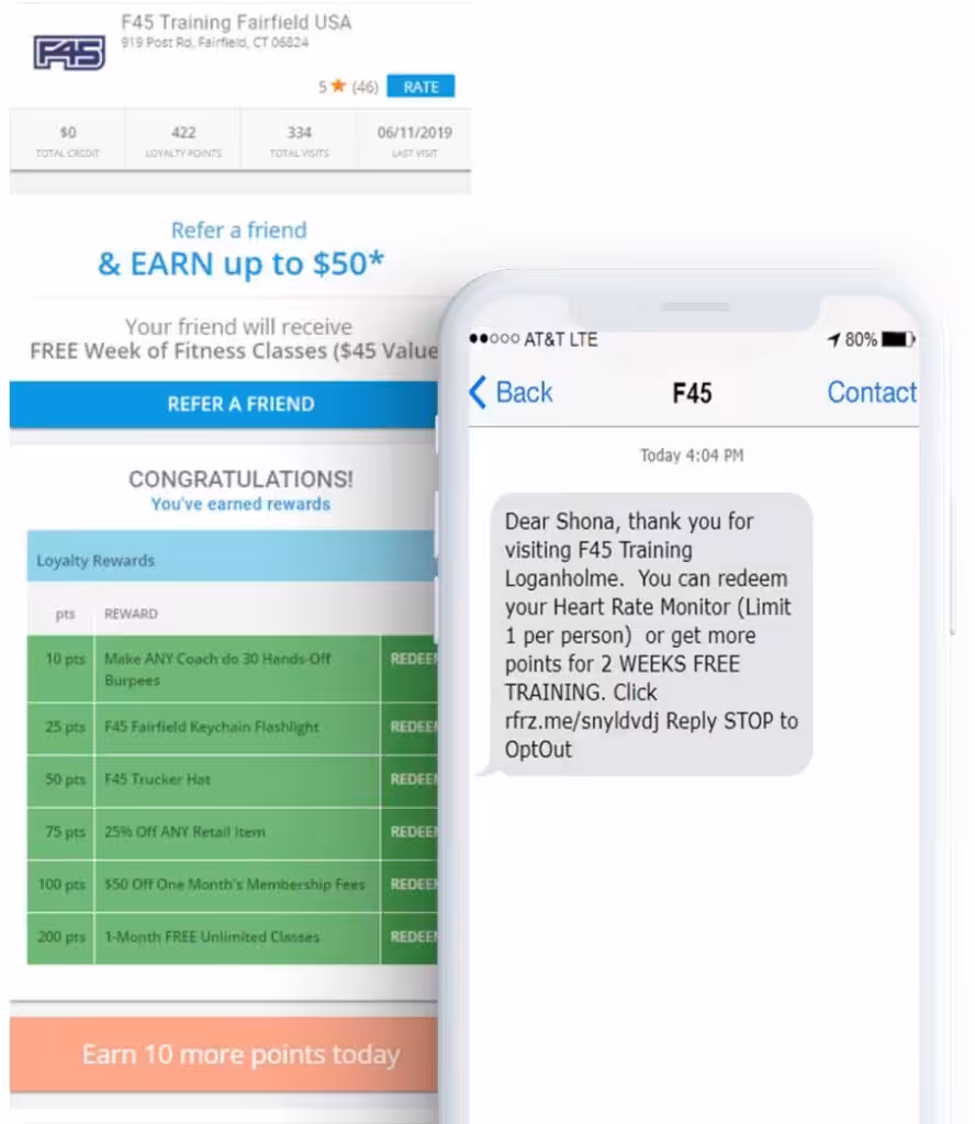 A phone screen displays an F45 Training app with loyalty rewards and a text message congratulating the user on earning them.