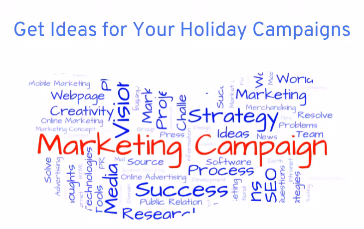 Text "Get Ideas for Your Holiday Campaigns" with "Marketing" and "Campaign" in red, surrounded by related keywords.
