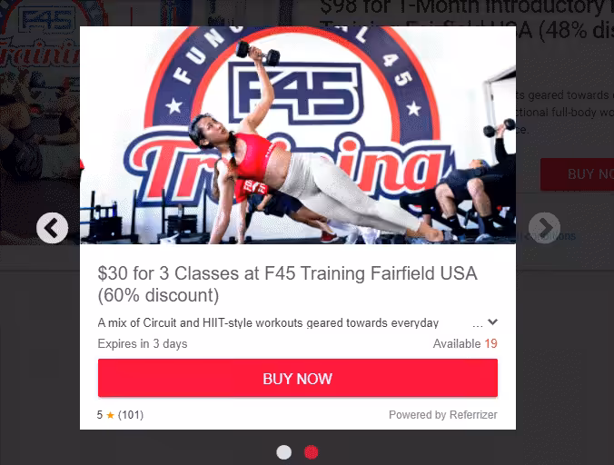 A promotional offer for $30 for 3 classes at F45 Training with a 60% discount, showing availability and expiration details.