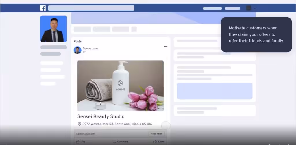 A Facebook post by Devon Lane showing Sensei Beauty Studio’s image, location, and a prompt encouraging customer referrals.