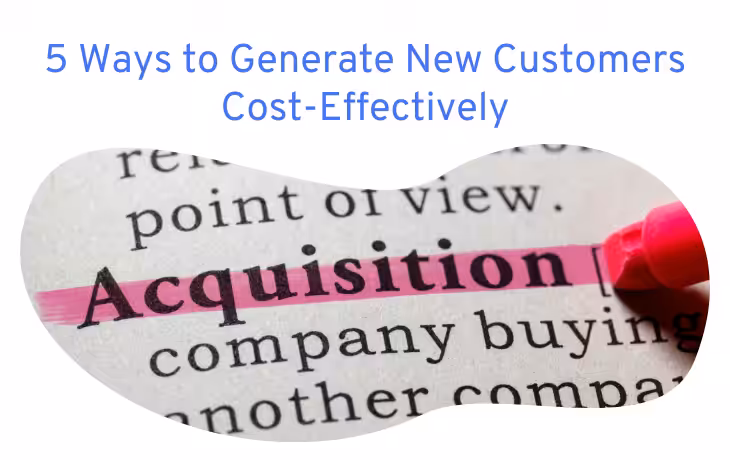 Text "5 Ways to Generate New Customers Cost-Effectively" with the word "Acquisition" highlighted in pink from a dictionary.