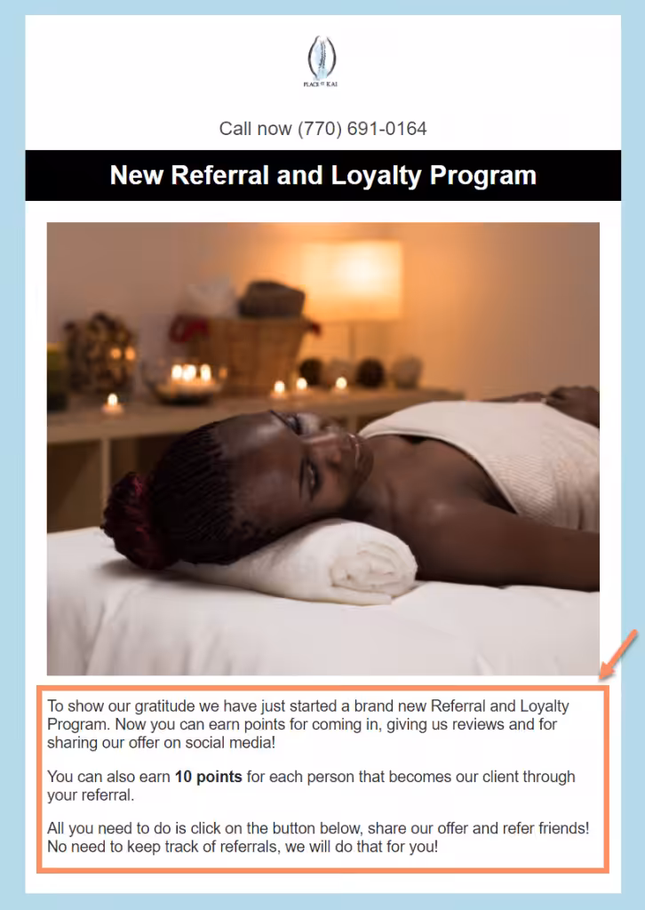 An email promoting a new referral and loyalty program with details about earning points for referrals, reviews, and sharing offers.