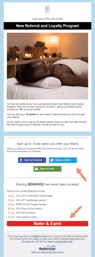 Promotional email for a new referral program with a "Refer & Earn" call to action and social sharing buttons.