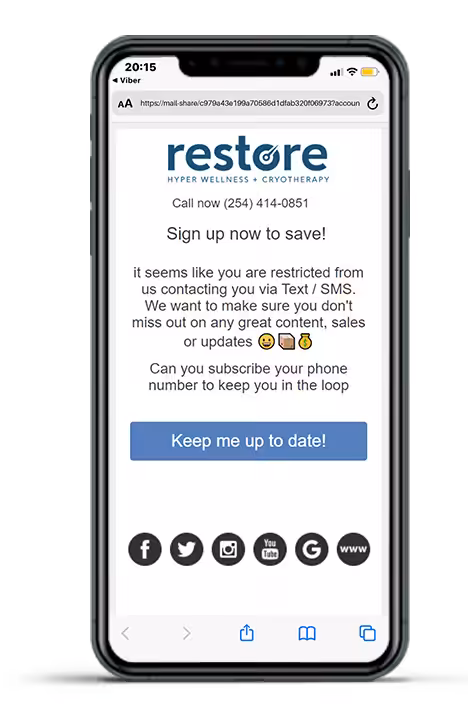 A phone screen shows a sign-up form for Restore Hyper Wellness, asking for phone number subscription for updates and offers.