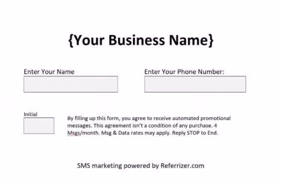 A form requesting a name, phone number, and initials, with a statement about agreeing to receive automated promotional messages.