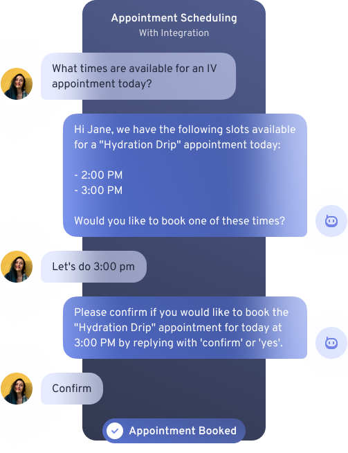 Chatbot schedules a Hydration Drip. User picks 3:00 PM, confirms, and gets an 'Appointment Booked' message.