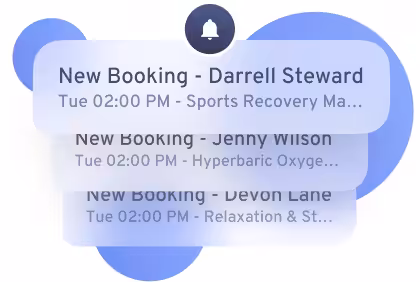 Booking notifications with appointment details for Darrell Steward, Jenny Wilson, and Devon Lane at 2:00 PM.