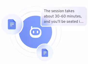 Chatbot interface with an AI icon, document icons, and a message explaining a session duration of 30-60 minutes.