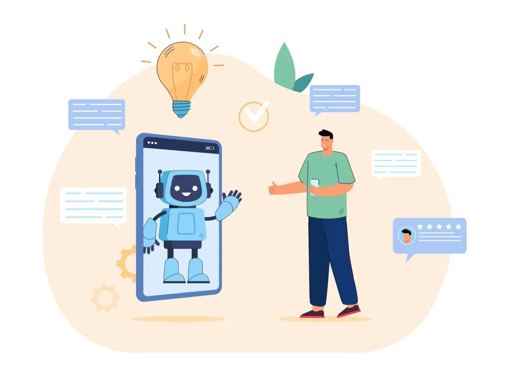 An illustration of a person interacting with a chatbot on a phone, with speech bubbles, gears, a light bulb, and a review icon.