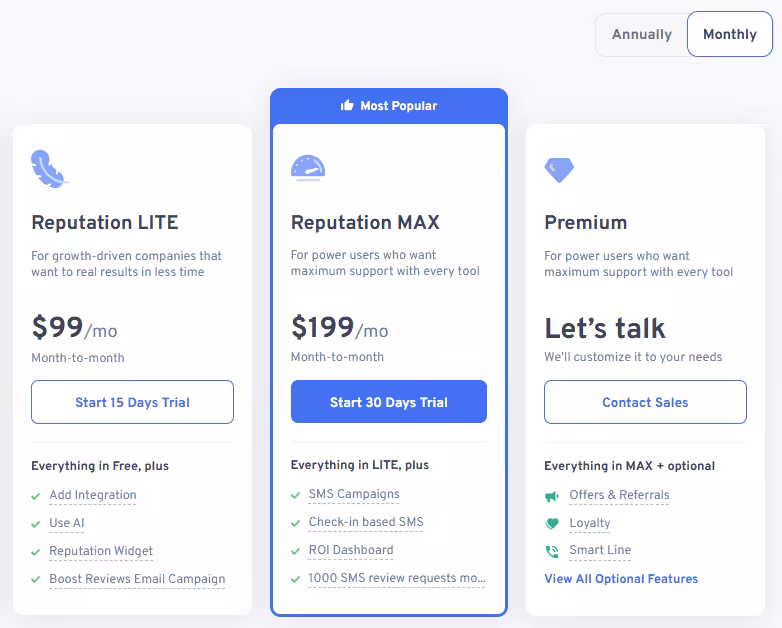 A website pricing table shows three columns: Reputation LITE, Reputation MAX, and Premium.