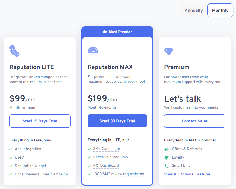 A website pricing table shows three columns: Reputation LITE, Reputation MAX, and Premium.