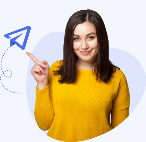 A woman with medium-length dark hair and a yellow top points to a blue paper airplane graphic.