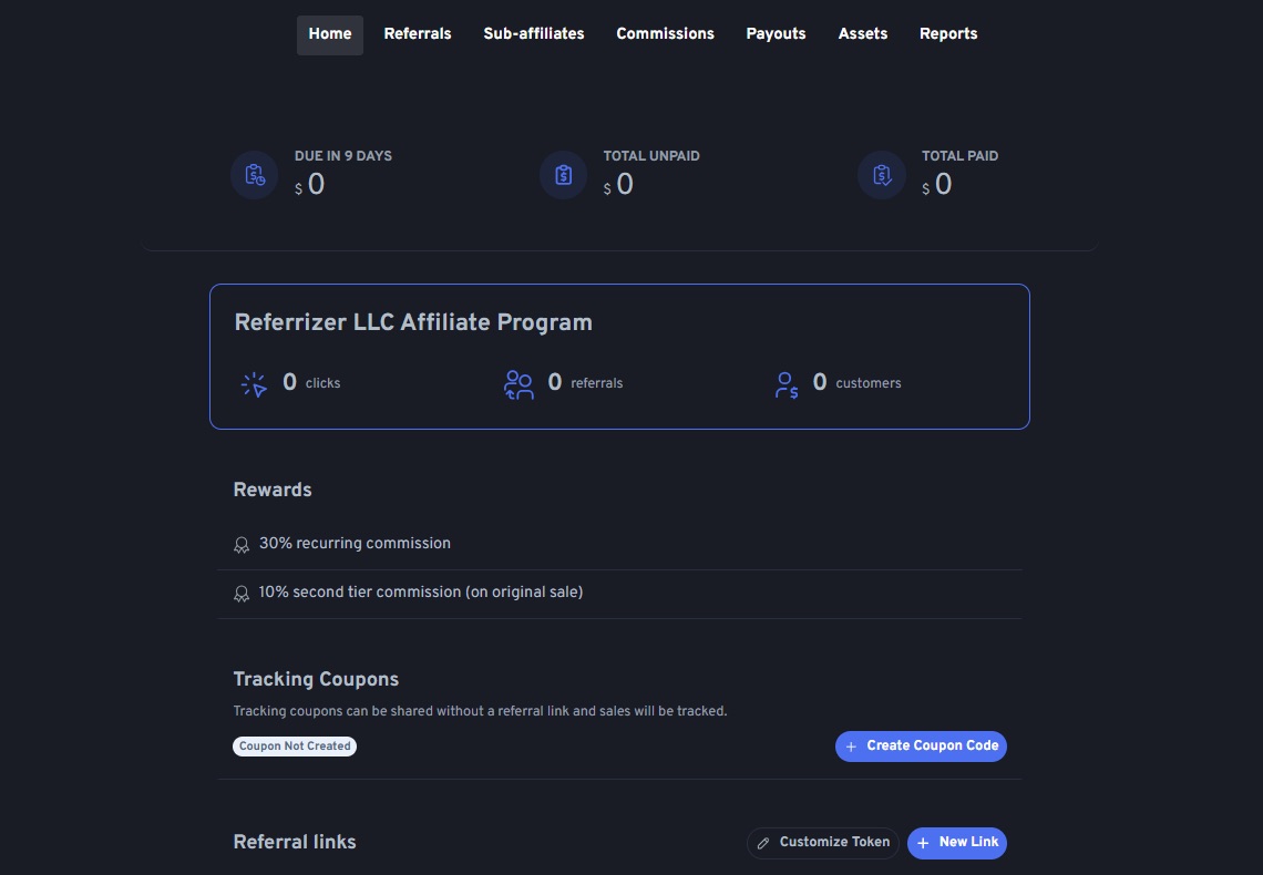 A web page shows an affiliate program dashboard and sections for earnings, referrals, rewards, coupons, and referral links.