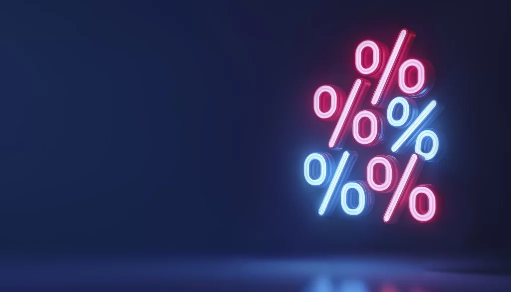 Five flashing percentage symbols float. Three are glowing red, two are gloving blue against a dark blue background.