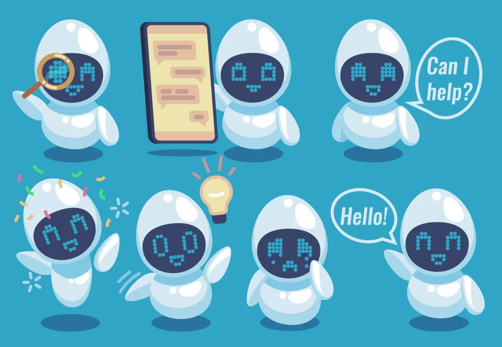 A group of white robot characters performing various actions like searching, chatting, and waving.