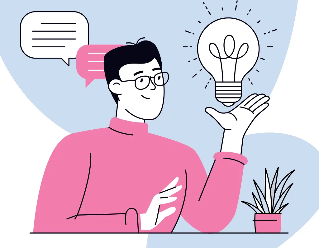 Man in pink sweater and glasses holding lightbulb above hand with speech bubbles and potted plant in illustrated style.