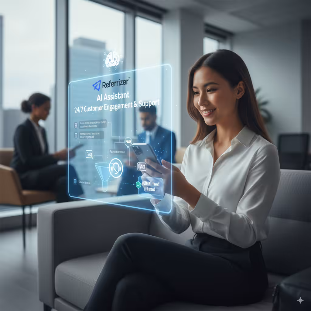 Smiling woman uses a phone with a holographic Referrizer AI Assistant dashboard for customer engagement & lead generation.