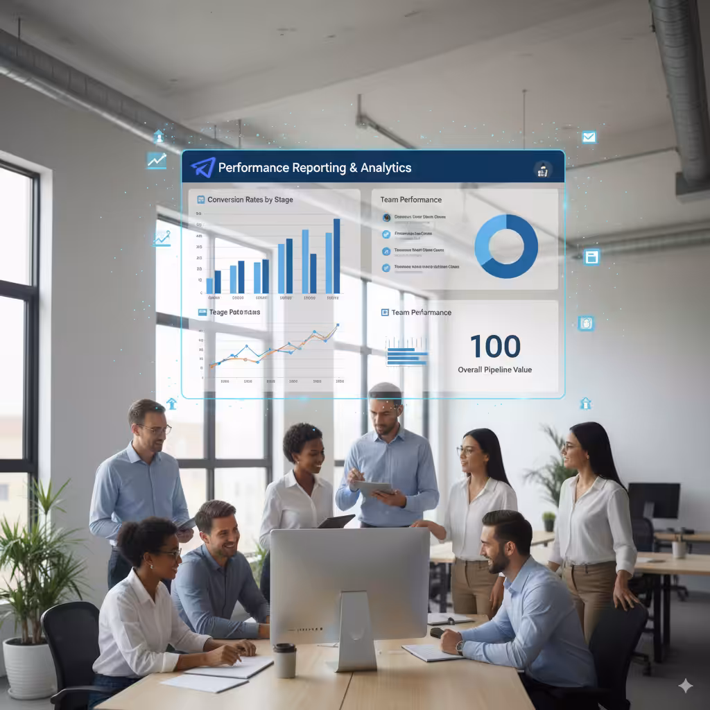 Seven people review a holograph Performance Reporting dashboard: bar charts, line graphs, a donut chart, & 100 pipeline value.