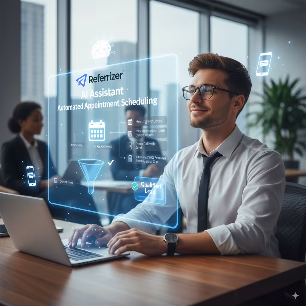 Smiling man at a laptop uses a holographic Referrizer AI Assistant dashboard: automated appointment scheduling and leads.